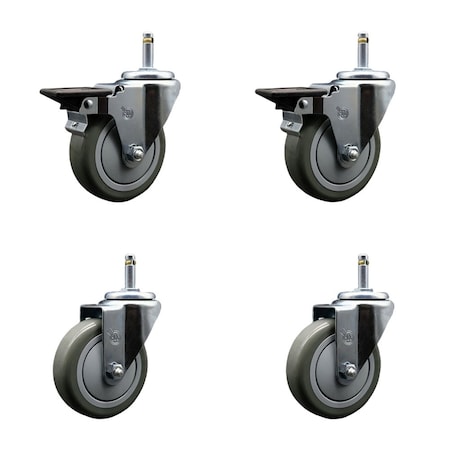 Service Caster 4'' Gray Poly Wheel Swivel 7/16'' Grip Ring Stem Caster Set 2 Brakes, 4PK SCC-GR20S414-PPUB-PLB-716138-2-S-2